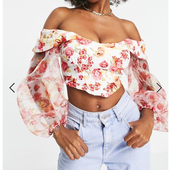 ASOS LUXE Off-the-Shoulder Floral Corset Blouse – US 6 - Picture 4 of 7